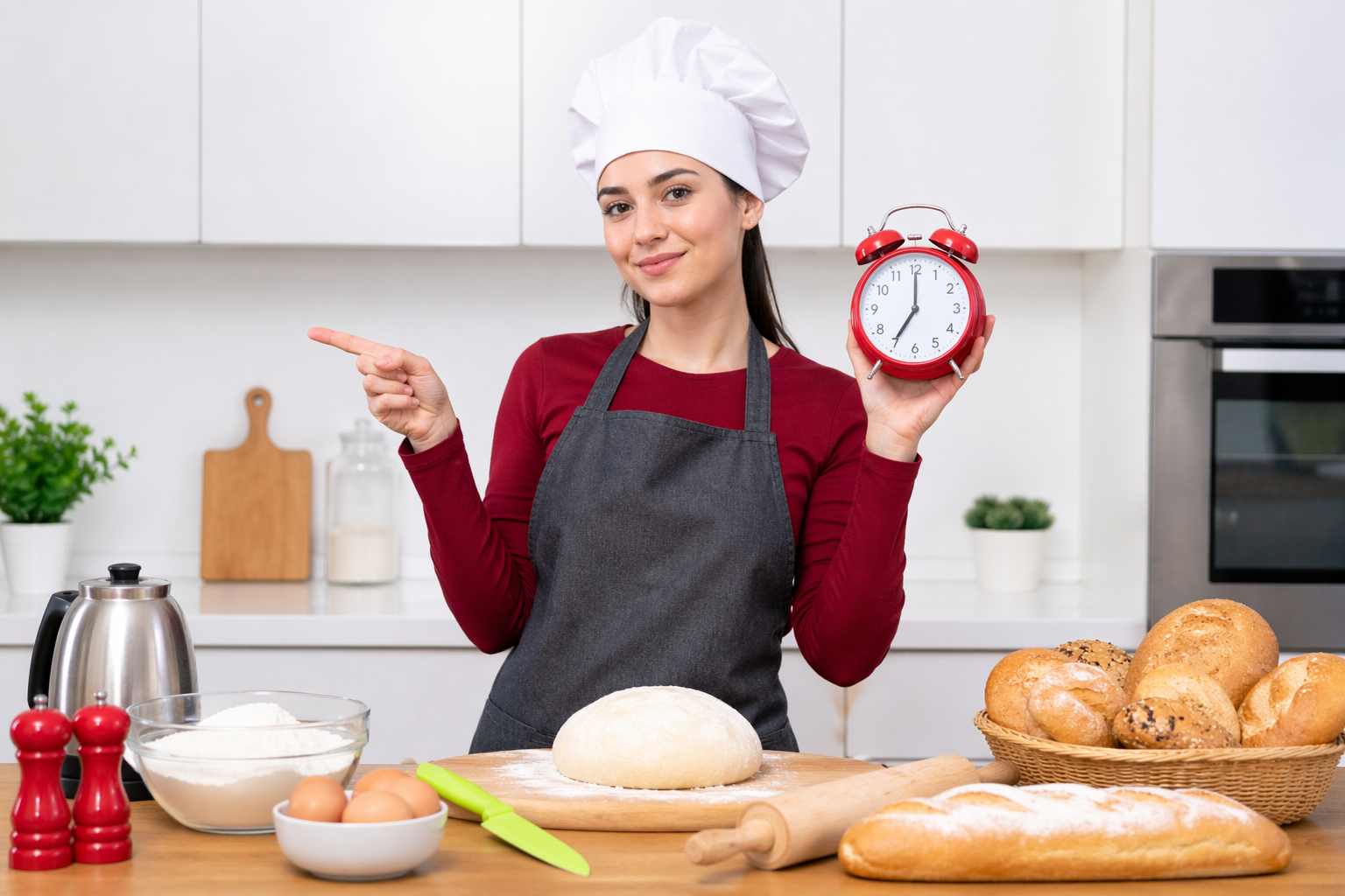 Chef with alarm clock in modern kitchen with bread and baking tools – kitchen reviews and cooking tips