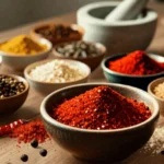 Homemade BBQ spice rub ingredients in bowls including red chili powder, peppercorns, turmeric, and salt on wooden table with mortar and pestle