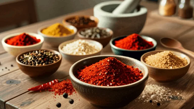 Homemade BBQ spice rub ingredients in bowls including red chili powder, peppercorns, turmeric, and salt on wooden table with mortar and pestle