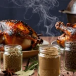 Glass jars filled with colorful spices and seasonings placed in front of two freshly smoked whole turkeys on a rustic wooden table, showcasing homemade dry rubs for smoked turkey.