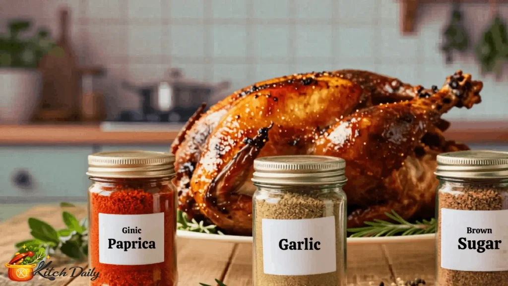 Roasted smoked turkey displayed behind jars of paprika, garlic seasoning, and brown sugar on a wooden table, featuring homemade dry rubs for smoked turkey.