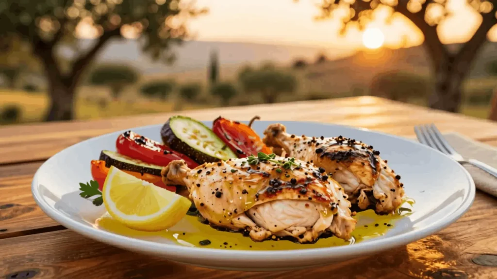 Juicy Mediterranean grilled chicken served with roasted zucchini, peppers, and lemon on a white plate at an outdoor sunset table.