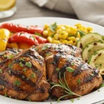 juicy grilled boneless chicken thighs served on a white plate with grilled zucchini, roasted red and yellow bell peppers, sweet corn, and fresh herbs