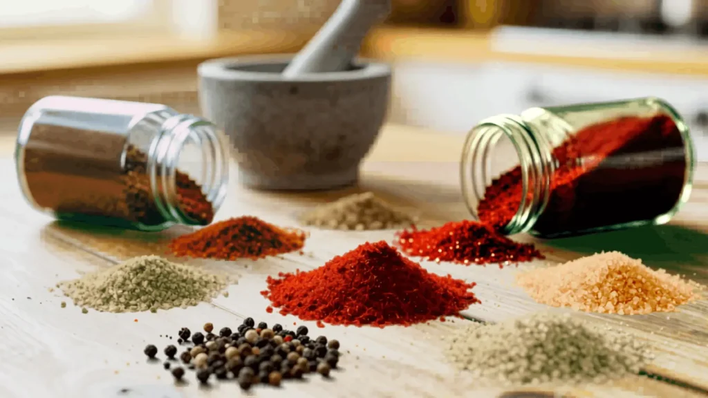 Homemade BBQ spice rub ingredients with paprika, peppercorns, herbs, and spices spilled on wooden table with mortar and pestle
