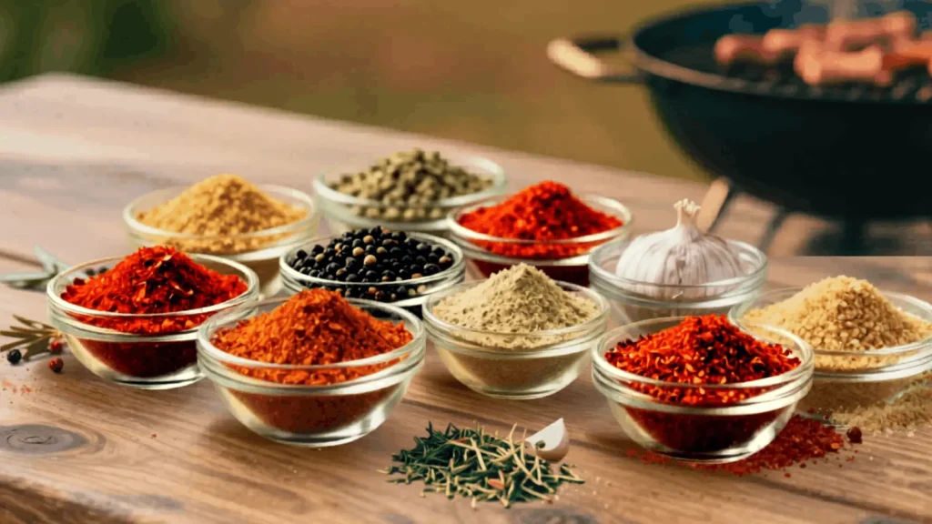 Homemade BBQ spice rub ingredients in bowls with paprika, chili flakes, peppercorns, garlic and herbs on wooden table with barbecue grill