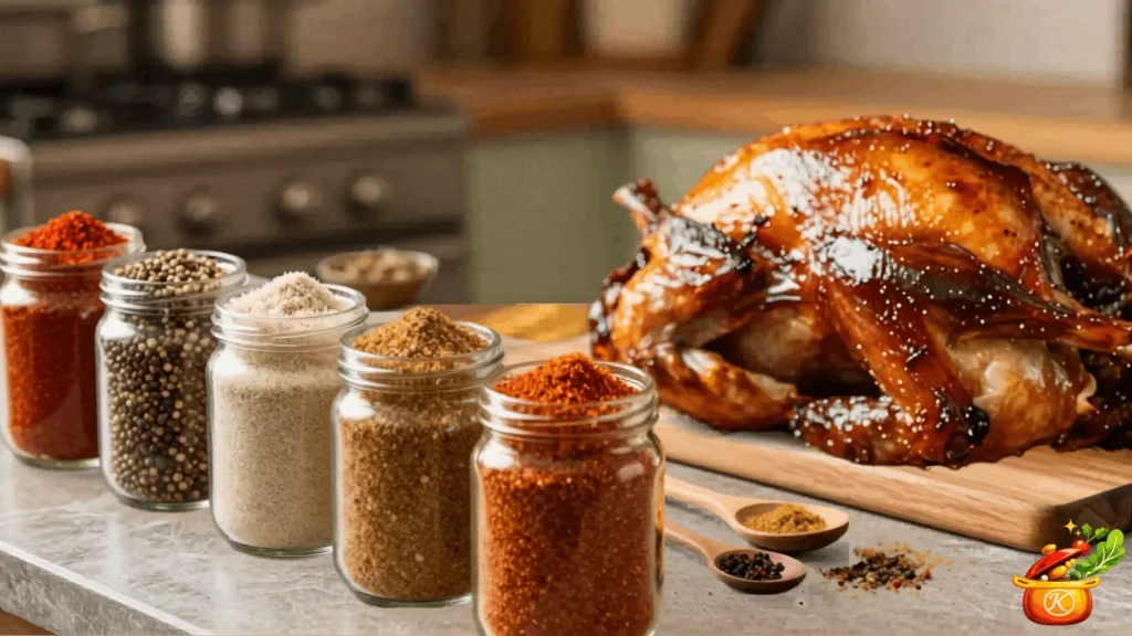 Smoked whole turkey on a wooden cutting board surrounded by jars of paprika, peppercorns, garlic powder, brown sugar, and seasoning blends used for dry rubs for smoked turkey.