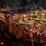 Close-up of a juicy tomahawk steak on a gas grill topped with melted garlic butter and fresh rosemary, developing a flavorful crust.
