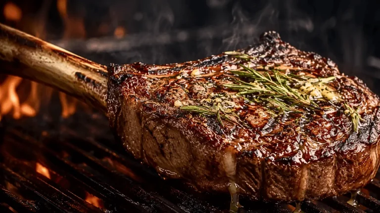 Close-up of a juicy tomahawk steak on a gas grill topped with melted garlic butter and fresh rosemary, developing a flavorful crust.