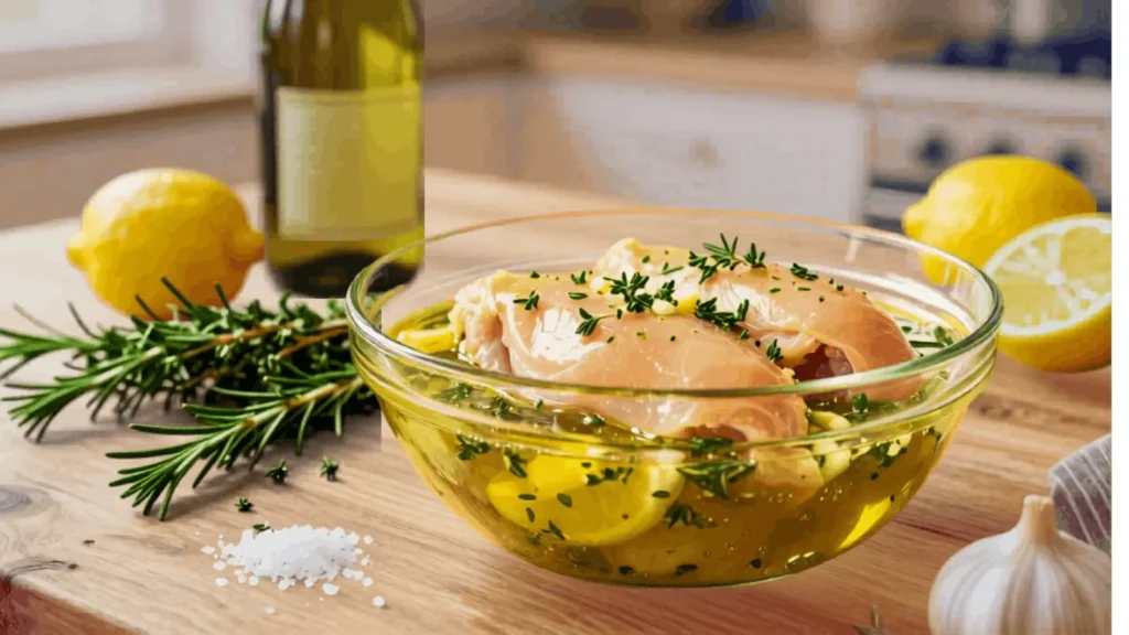 Raw chicken breasts marinating in olive oil, lemon, garlic, rosemary, and fresh herbs inside a glass bowl on a wooden kitchen counter.