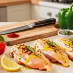 Raw chicken breasts marinated with olive oil and herbs alongside tomatoes, olives