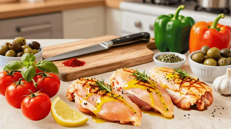 Raw chicken breasts marinated with olive oil and herbs alongside tomatoes, olives