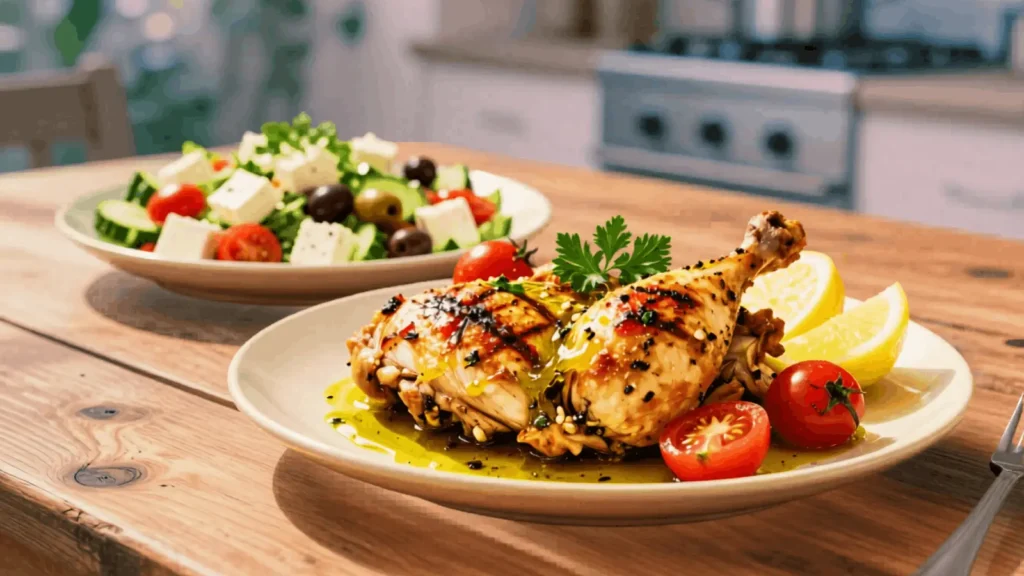 Mediterranean grilled chicken drumsticks served with lemon, cherry tomatoes, and a fresh Greek salad with feta cheese, cucumbers, and olives on a wooden table.