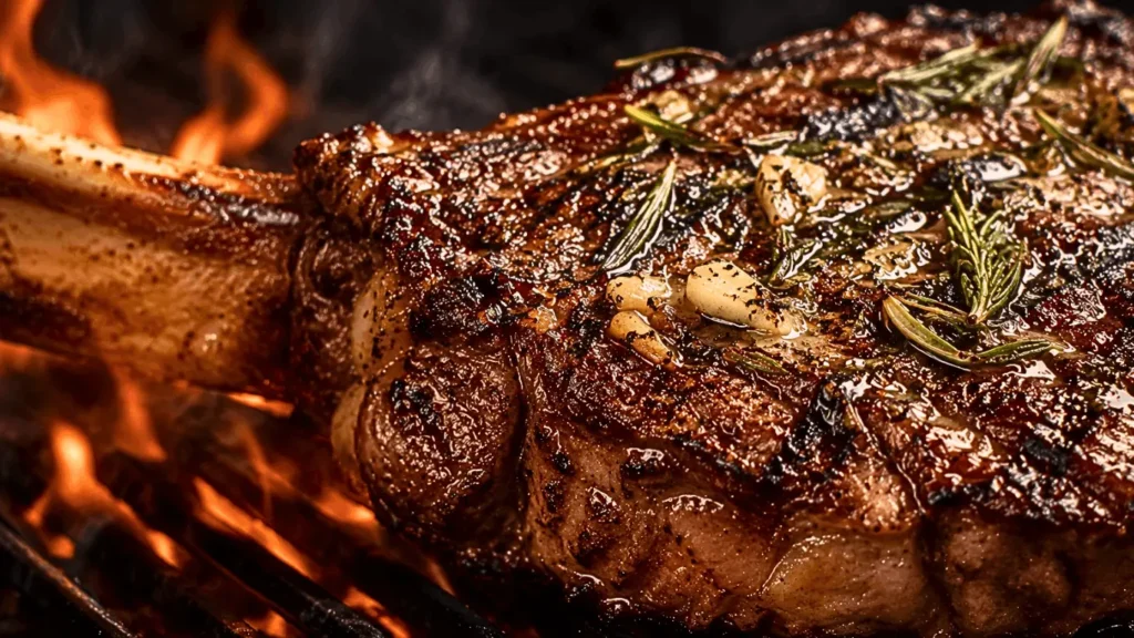 Perfectly grilled tomahawk steak on a gas grill with charred edges, garlic butter, and rosemary, surrounded by glowing flames and grill marks.