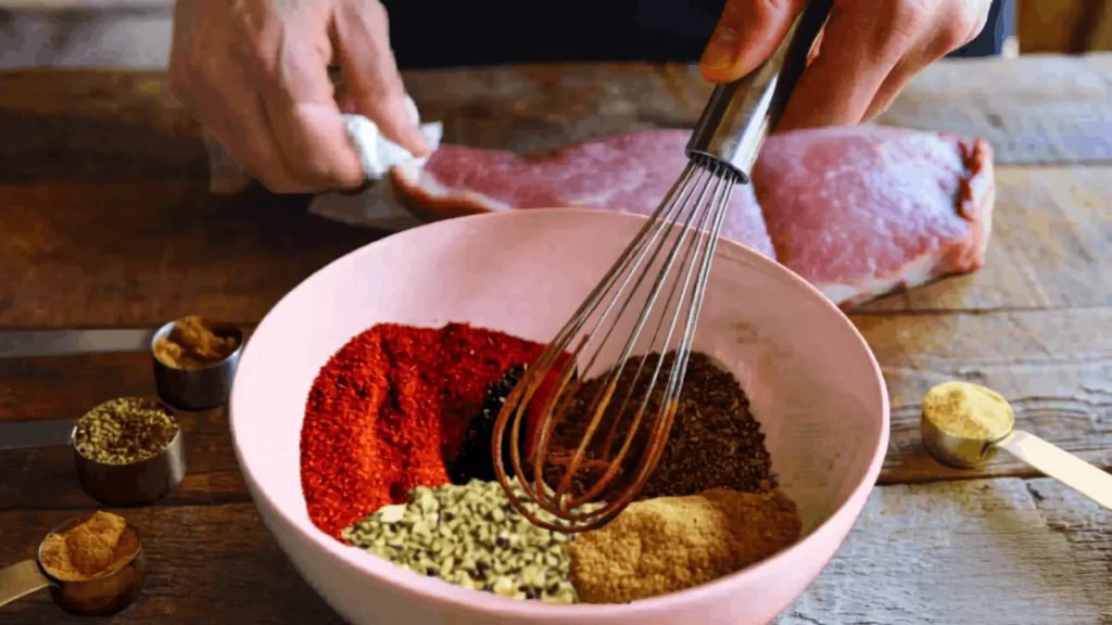 Person mixing homemade BBQ dry rub with paprika, brown sugar, garlic powder and spices using a whisk for perfect flavor distribution