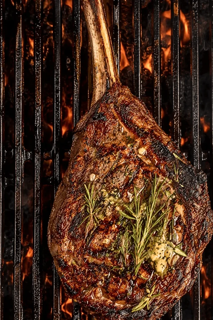 Tomahawk steak on a gas grill with a rich seared crust, rosemary, and garlic butter, cooking over high heat with flames beneath the grates.