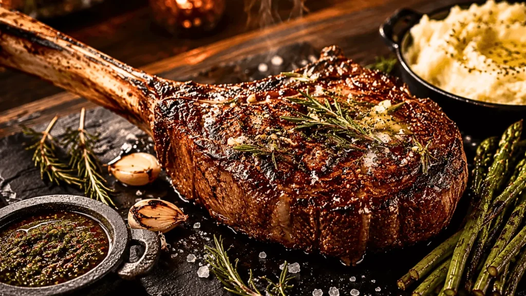 Tomahawk Steak on a Gas Grill served on a dark slate board with garlic butter, fresh rosemary, chimichurri sauce, grilled asparagus, and creamy mashed potatoes.