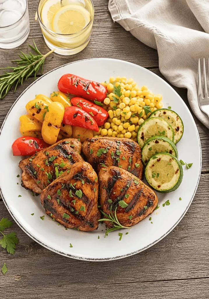 juicy grilled boneless chicken thighs served on a white plate with grilled zucchini, roasted red and yellow bell peppers, sweet corn, and fresh herbs