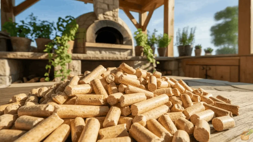 Hardwood wood pellets on a table in front of an outdoor pizza oven