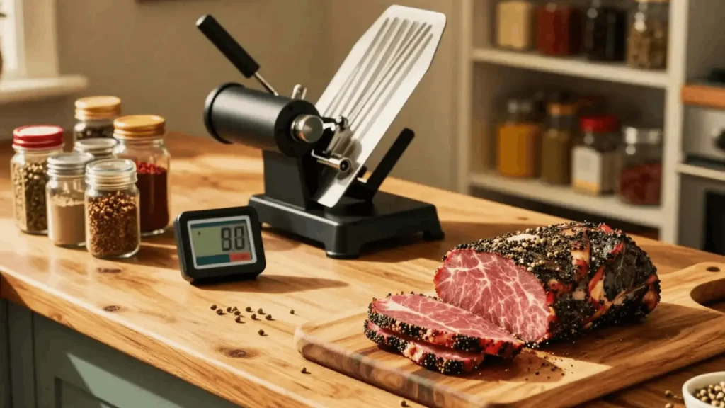 Homemade beef brisket pastrami on a wooden cutting board with meat slicer and spices in the background