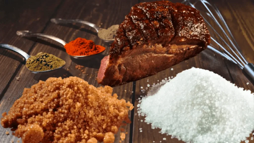 Brown sugar vs white sugar for BBQ rubs with grilled steak and spices on wooden table