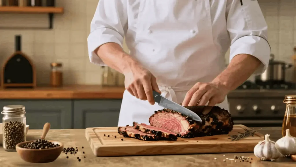 Chef slicing homemade beef brisket pastrami on a wooden board