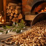 Premium wood pellets and firewood inside a rustic cabin with warm fireplace