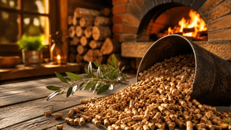 Premium wood pellets and firewood inside a rustic cabin with warm fireplace