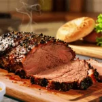 Smoked beef brisket pastrami sliced on a wooden cutting board with mustard and fresh vegetables
