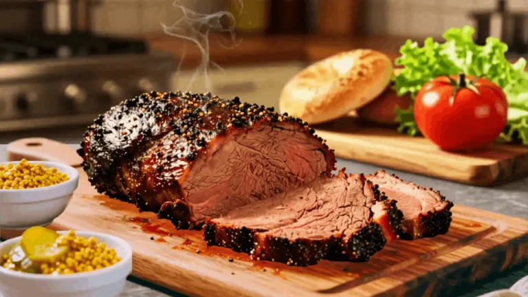 Smoked beef brisket pastrami sliced on a wooden cutting board with mustard and fresh vegetables