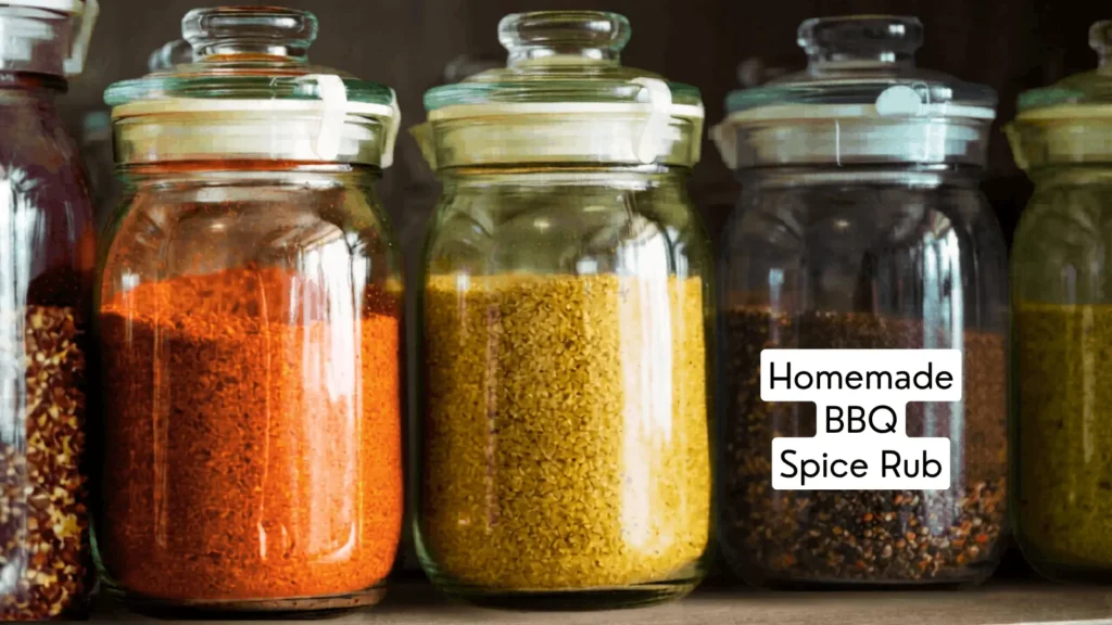 Glass jars filled with vibrant homemade BBQ spice rub ingredients including red chili flakes, yellow mustard seeds, and mixed spices on a shelf, labeled 