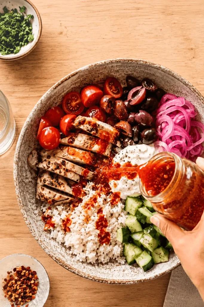 Harissa vinaigrette being poured over a CAVA bowl with chicken, tomatoes, olives, and pickled onions