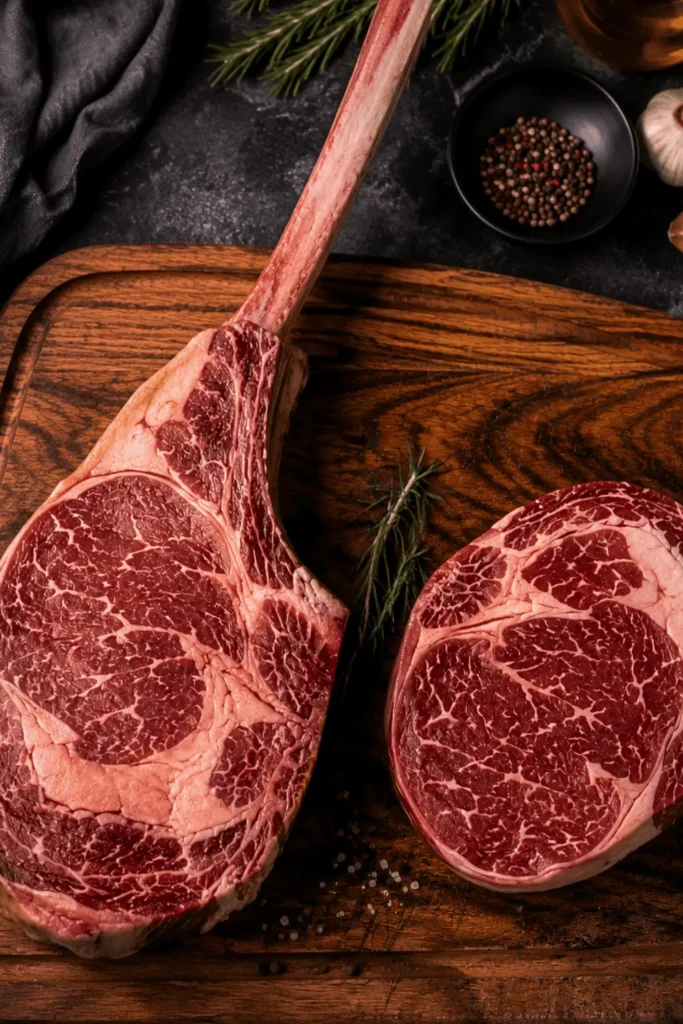 Raw tomahawk steak with long frenched rib bone next to a boneless ribeye on a dark wooden cutting board, with fresh rosemary, peppercorns, and olive oil in the background