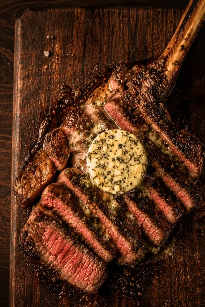 Sliced smoked tomahawk steak topped with a melting garlic and thyme compound butter disc
