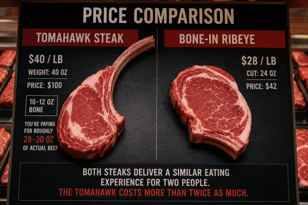 Price comparison infographic showing tomahawk steak at 40 dollars per pound weighing 40 oz for 100 dollars total versus bone-in ribeye at 28 dollars per pound cut to 24 oz for 42 dollars total, with a note that the tomahawk costs more than twice as much