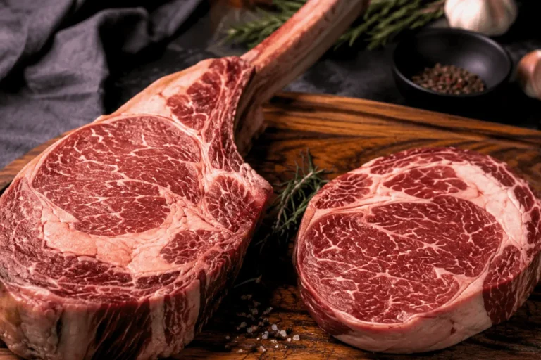 Raw tomahawk steak and boneless ribeye side by side on a wooden cutting board with rosemary, garlic, and black pepper in the background