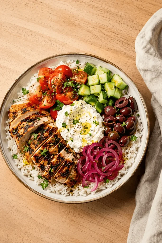 Overhead view of a homemade CAVA bowl recipe with grilled chicken, whipped feta, cherry tomatoes, cucumber, Kalamata olives, and pickled red onions over rice