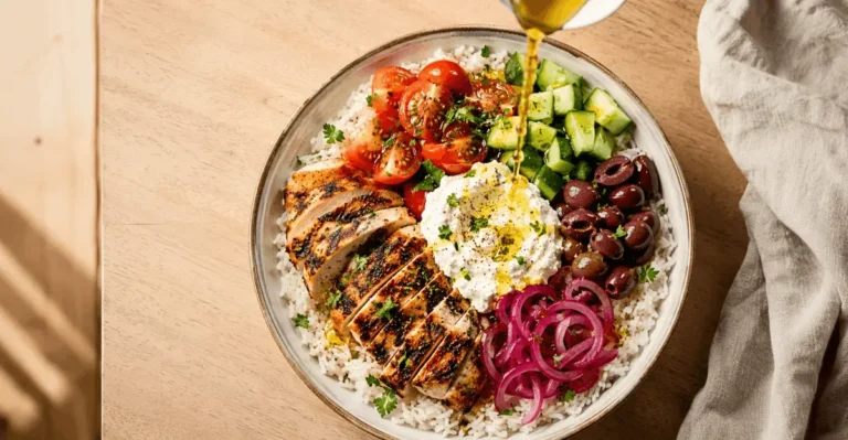 Garlic dressing being poured over a CAVA bowl recipe with grilled chicken, whipped feta, tomatoes, cucumber, olives, and pickled onions