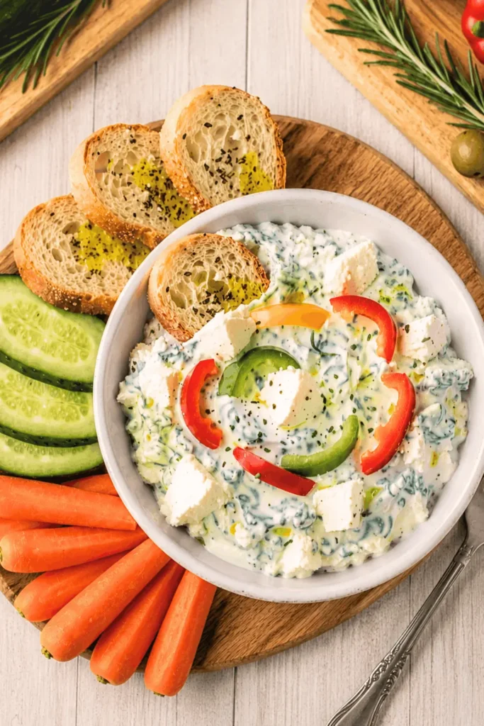 Overhead view of CAVA crazy feta dip in a white bowl with jalapeño and red pepper strips on top, surrounded by cucumber slices, carrot sticks, and toasted bread on a round wooden board
