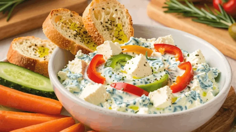 CAVA crazy feta recipe served in a white bowl with toasted bread slices, cucumber slices, and carrot sticks on a wooden board