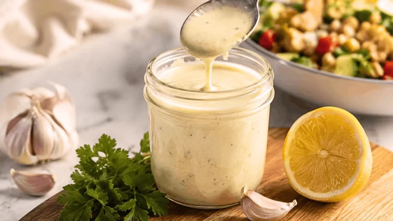 Creamy CAVA garlic dressing being drizzled from a spoon into a glass jar on a wooden board with garlic, lemon, and parsley
