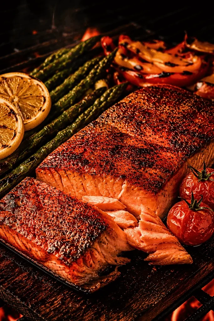 Perfectly cooked cedar plank salmon flaking apart on a charred plank with grilled asparagus, roasted bell peppers, cherry tomatoes, and caramelized lemon on a hot grill