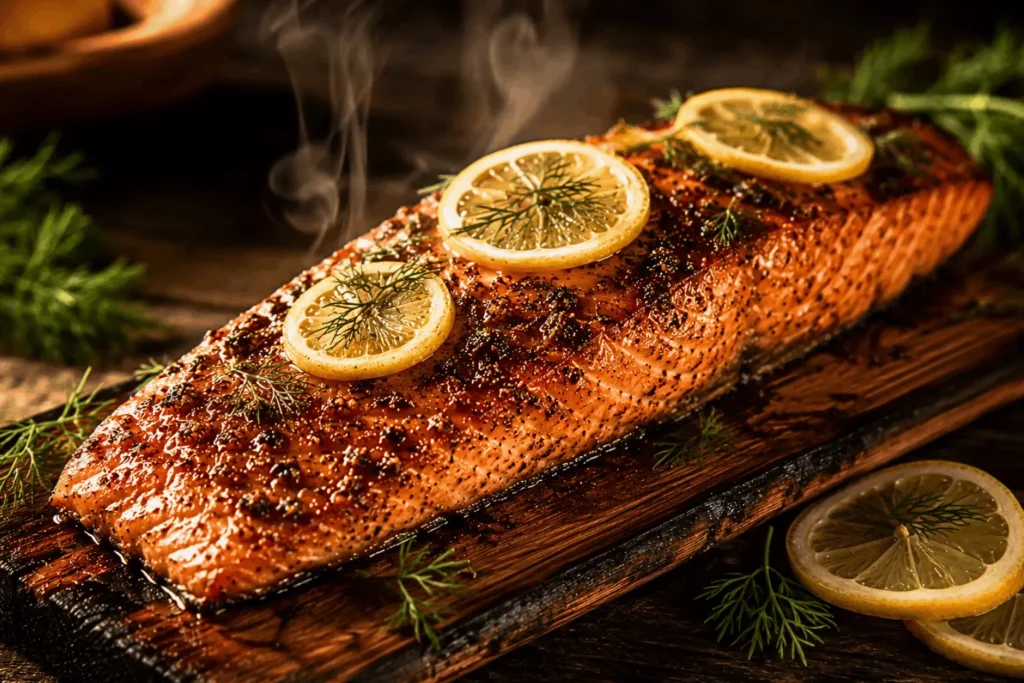 Cedar plank salmon in the oven with golden glaze, lemon slices, and fresh dill, steam rising from the fillet