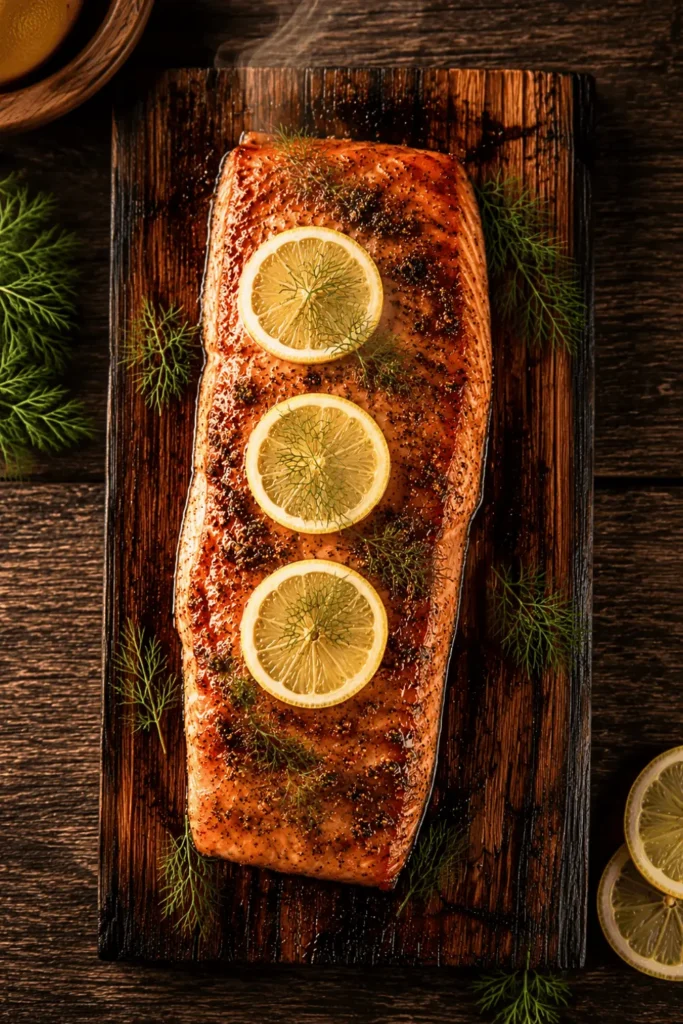 Overhead view of cedar plank salmon in the oven topped with lemon slices and dill on a charred wood board