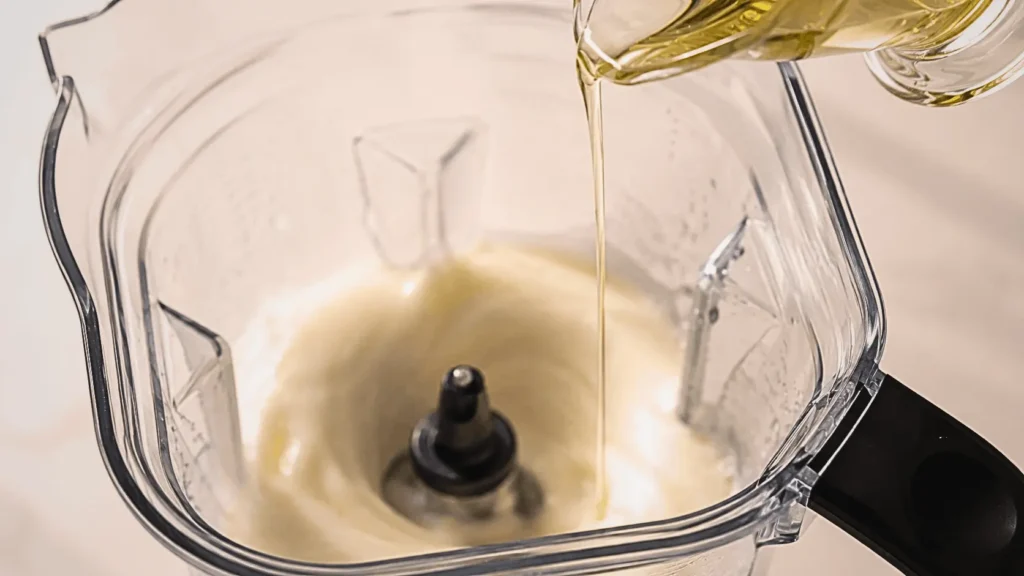 Canola oil being drizzled slowly from a glass jug into a blender containing creamy garlic dressing mixture