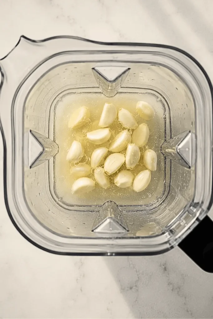 Overhead view of peeled garlic cloves and aquafaba inside a clear blender jar before blending