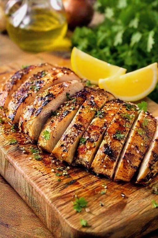 Sliced chicken from a cava grilled chicken recipe served with lemon wedges and herbs