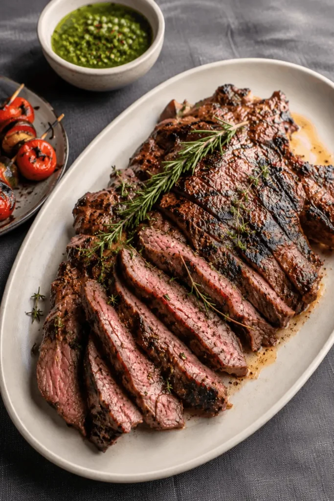 Close-up of butterflied leg of lamb slices showing a pink center and charred crust, garnished with rosemary