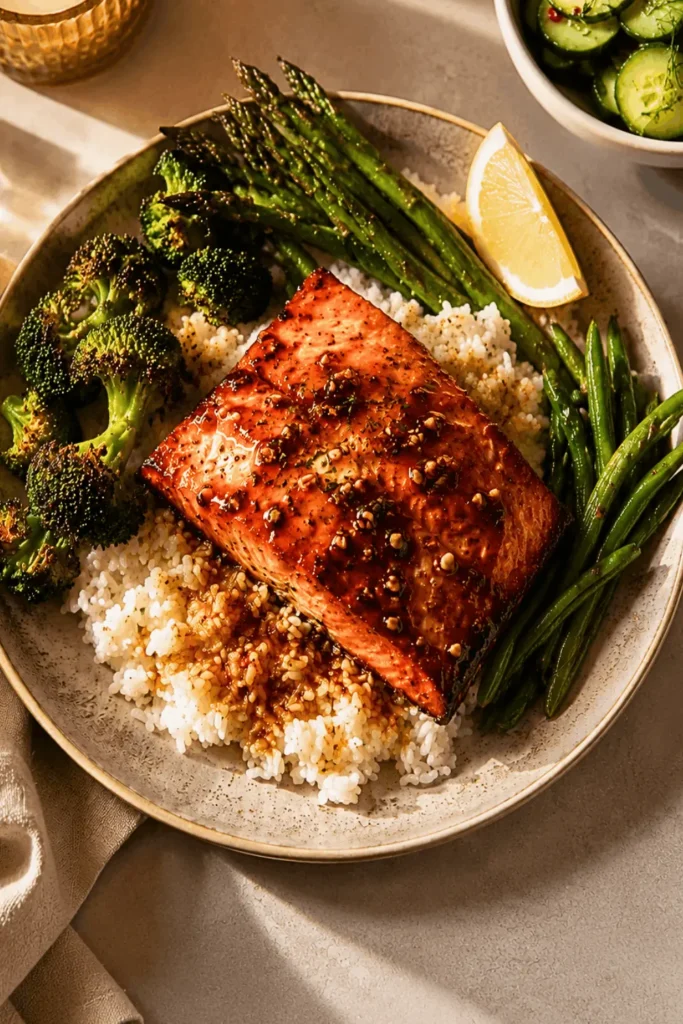 A close-up overhead shot of honey garlic butter salmon with caramelized glaze, white rice, steamed green beans, roasted broccoli, and fresh lemon on a beige speckled plate