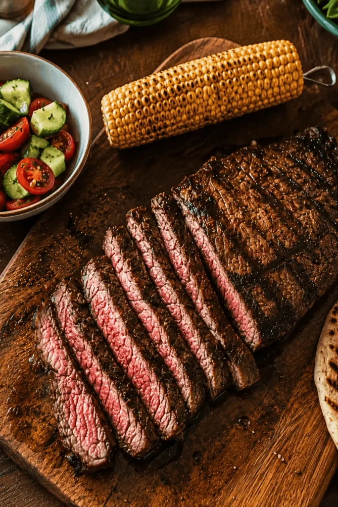 Grill chuck eye steak sliced overhead view with grilled corn and fresh salad