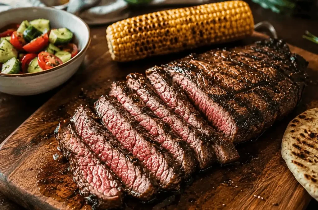 Grill chuck eye steak sliced juicy medium-rare with grilled corn and cucumber tomato salad